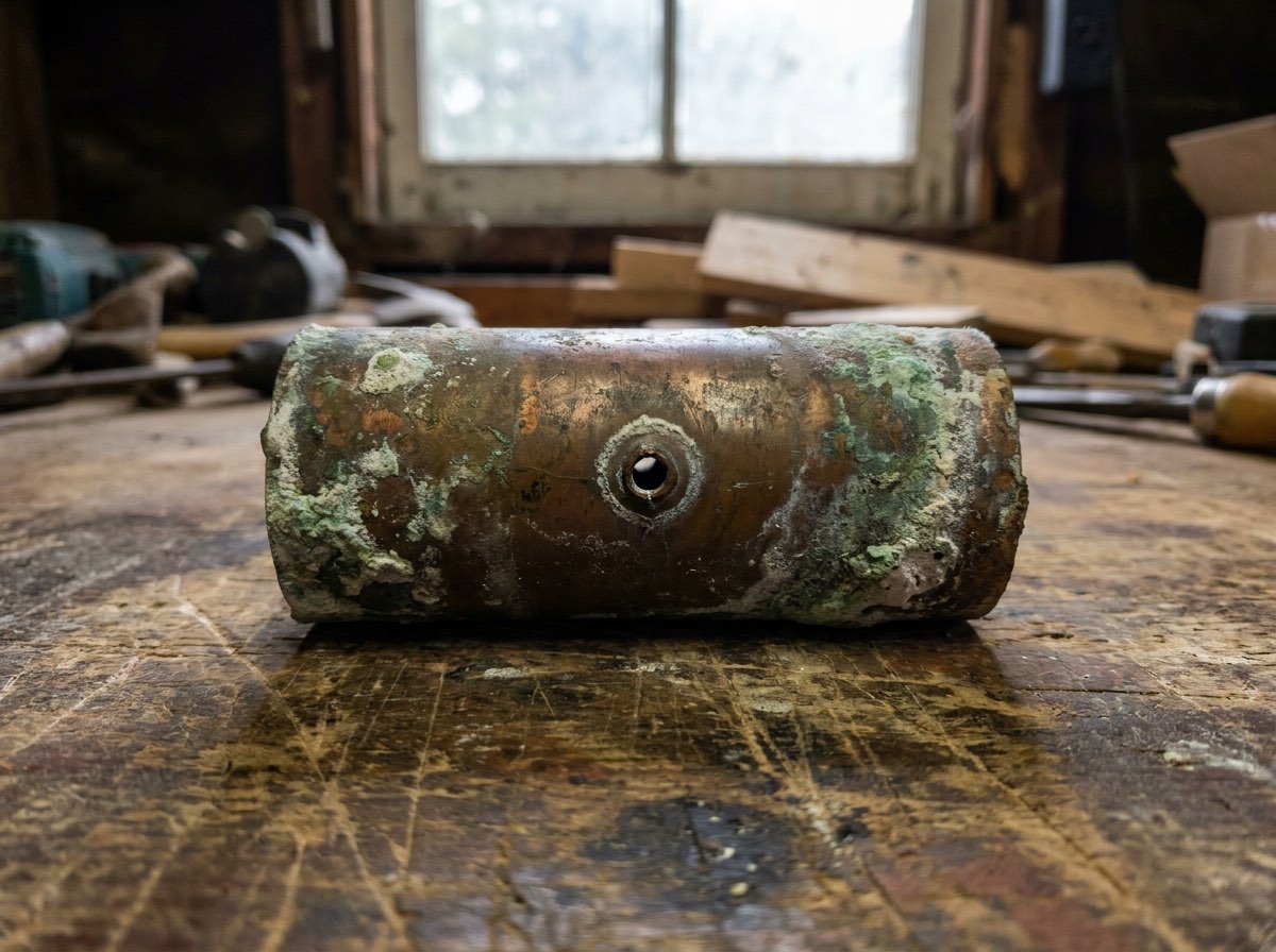 Section of old copper pipe cut from under a slab, with green-white mineral scale and a pinhole