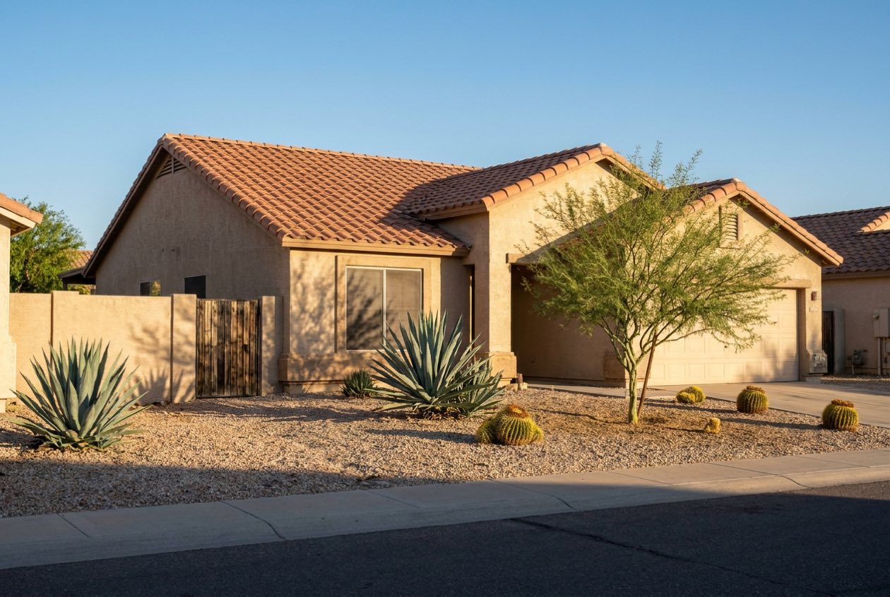 Single-story Phoenix stucco home with a clay tile roof and a gravel front yard in late-afternoon light