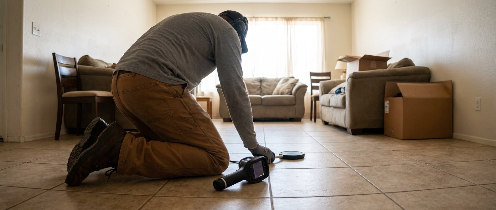 Technician kneeling on a tile floor with acoustic listening equipment and headphones, a thermal camera on the floor beside him